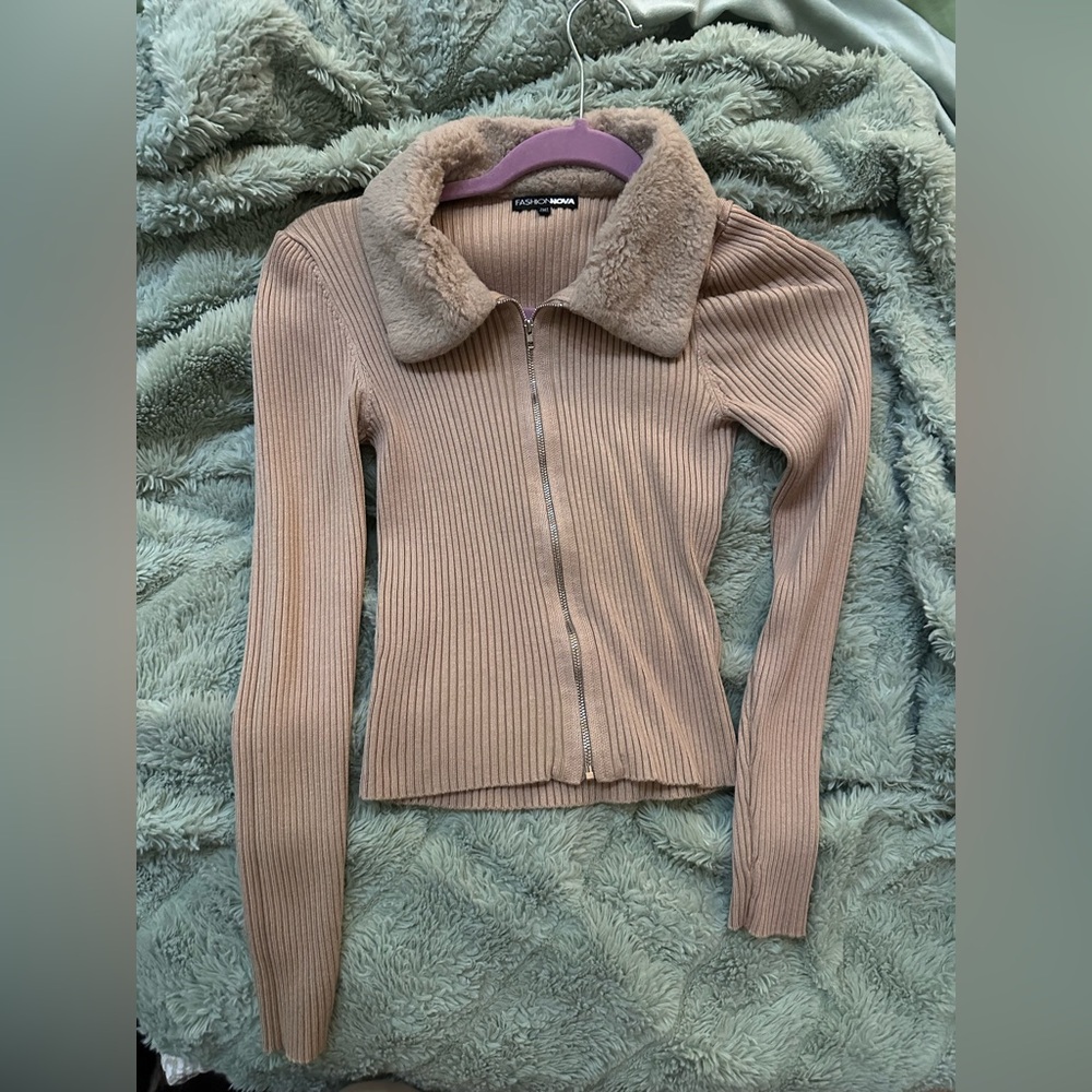 Fashion Nova Beige Fleece Collar Zip Up Sweater